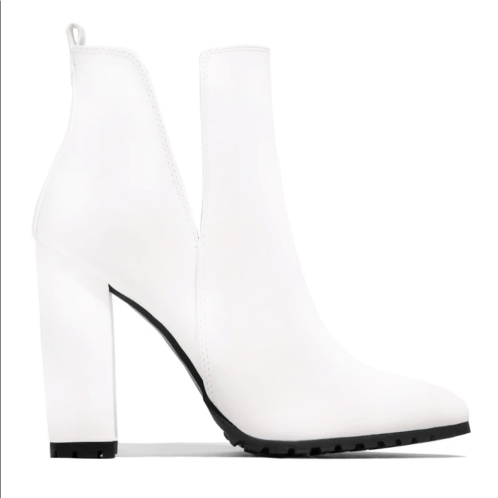 White Ankle High Block Chunky Heel Booties - Picture 7 of 13